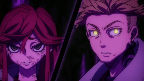 Dois personagens de anime: uma mulher de cabelo vermelho e rosto marcado, e um homem de olhos amarelos brilhantes. Clima sombrio e intenso.