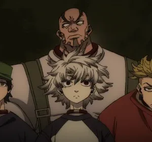 Pôster anime: Um homem musculoso e três jovens com gargantilhas, em um ambiente escuro. Expressões sérias e um clima tenso.