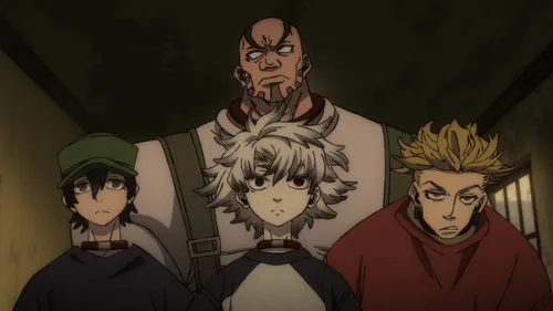 Pôster anime: Um homem musculoso e três jovens com gargantilhas, em um ambiente escuro. Expressões sérias e um clima tenso.