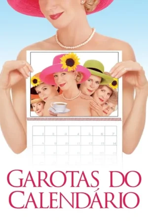 Mulher de chapéu rosa segura um calendário. Nele, mulheres maduras sorriem, algumas com chapéus e girassóis, posando com bom humor.