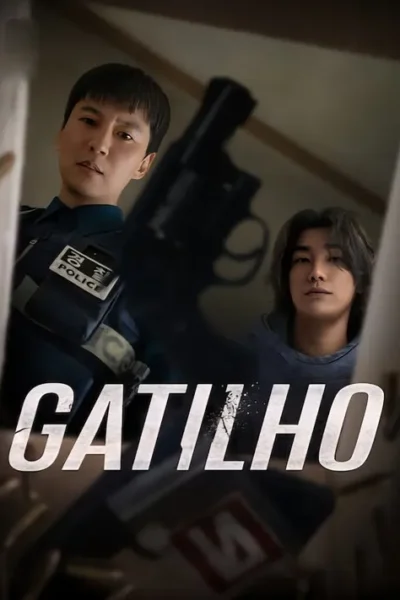 Pôster: Policial e um homem sérios, vistos de baixo. Um revólver grande domina o centro, criando uma atmosfera tensa e sombria.