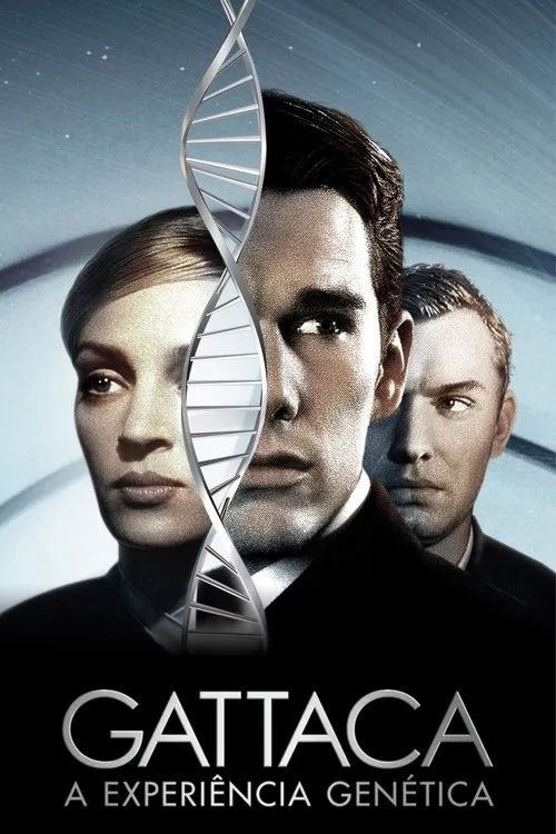 Três rostos sérios (mulher, dois homens) em tons azuis/cinzas, divididos por uma espiral metálica de DNA. Clima sci-fi e misterioso.