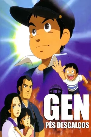 Pôster de anime: Garoto determinado sob luz intensa. Abaixo, família apreensiva e menino feliz em meio a chamas e uma cúpula.