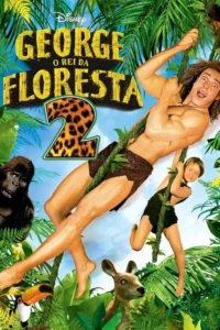 Um homem e um garoto felizes balançam em cipós na floresta tropical. Um gorila, tucano e canguru aparecem ao redor.