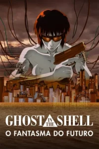 Cyborg feminina com óculos,cabelo escuro e cabos,empunha arma sobre cidade futurista ao pôr do sol. Atmosfera sci-fi e sombria.