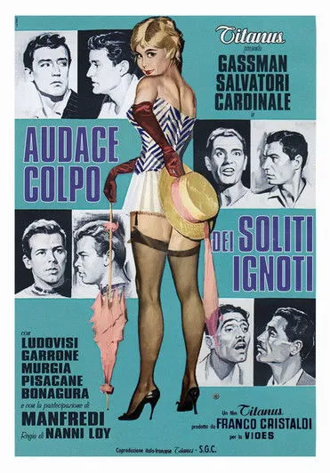 Pôster vintage. Mulher loira sedutora em espartilho e meias no centro. Cercada por homens com diversas reações, sugerindo crime e comédia.