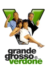Pôster cômico. Quatro personagens em destaque:dois homens em poses exageradas,uma mulher séria e um homem segurando a perna dela. Fundo com V verde.