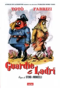 Ilustração cômica:policial gordo e irritado algemado a um ladrão magro e apreensivo,em cenário urbano simples. Clima humorístico.