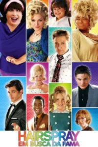 Pôster com 12 personagens em estilo anos 60,com penteados e roupas coloridas. Fundo em grade de cores vibrantes. Clima alegre e musical.
