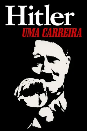 Pôster em PB: um homem de bigode e cabelo penteado, discursando em um microfone. Imagem de alto contraste, fundo escuro.