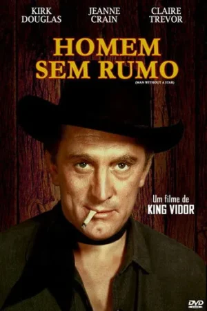 Pôster: Homem com chapéu cowboy e cigarro na boca, olhar intenso. Fundo de madeira escura. Clima de faroeste.