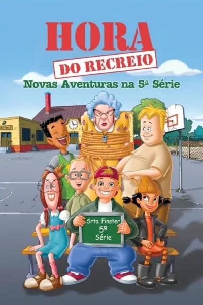 Seis crianças risonhas no pátio da escola, com uma professora de cabelo azul amarrada e brava. Ambiente de brincadeira.