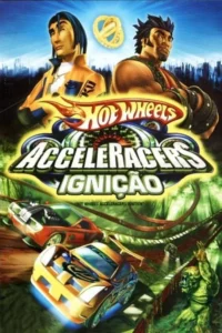 Pôster animado:dois homens ao alto sobre cidade,carros de corrida em trilhas e monstro verde numa selva. Clima de ação e aventura.