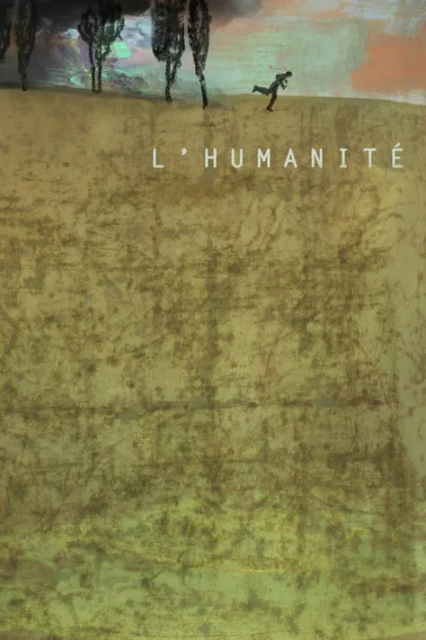 Humanité 1 Pôster minimalista:Homem pequeno corre em colina vasta,texturizada. Formas escuras no horizonte,céu em tons pastel.