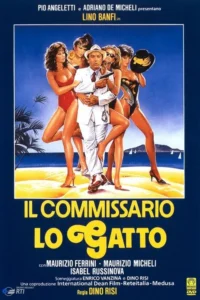 Um homem em terno branco com pistola,cercado por 5 mulheres de maiô. Cenário de praia ensolarada com coqueiros e mar. Clima de comédia.