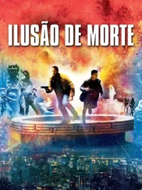 Dois homens correm,um armado,em pôster colorido e caótico. Figuras místicas e uma cidade noturna compõem o cenário de ação e mistério.