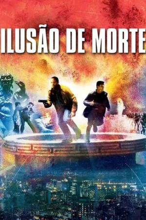 Dois homens correm, um armado, em pôster colorido e caótico. Figuras místicas e uma cidade noturna compõem o cenário de ação e mistério.