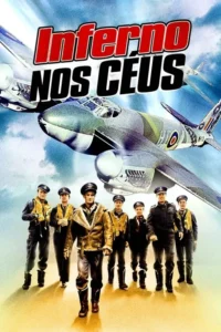 Seis pilotos de uniforme militar caminham,sob um céu azul com nuvens onde aviões de guerra voam. Tensão e drama aéreo.