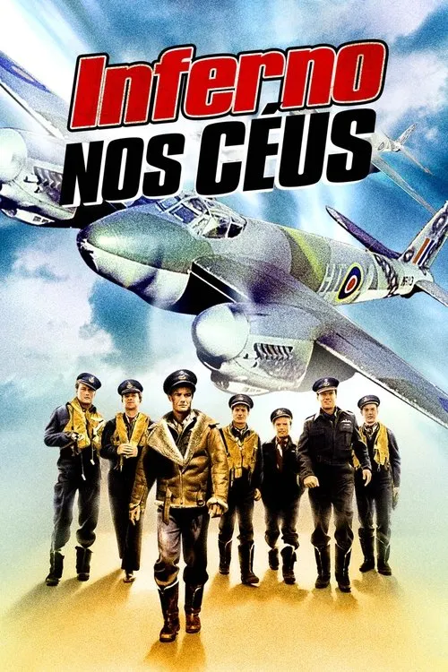 Seis pilotos de uniforme militar caminham,sob um céu azul com nuvens onde aviões de guerra voam. Tensão e drama aéreo.