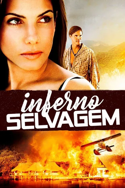 Mulher séria em destaque,homem ao fundo. Cabanas tropicais em chamas intensas,avião decola. Cenário de ação e perigo.