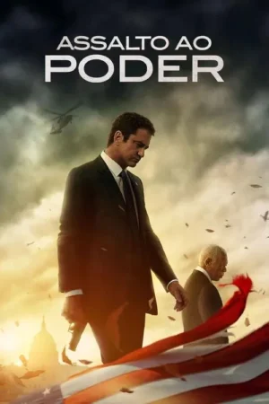 Homem de terno com arma, idoso ao fundo, em cenário de destruição. Bandeira EUA rasgada, Capital em segundo plano, céu sombrio e helicóptero.