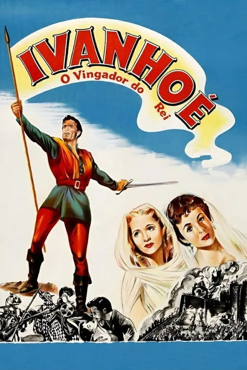 Homem heroico com lança e espada,trajes medievais. Duas mulheres,cenário de guerra e castelo em chamas. Drama histórico.