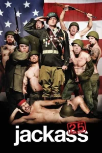 Pôster:homens com uniformes militares e seminus,expressões exageradas,posam contra a bandeira dos EUA. Clima caótico e cômico.