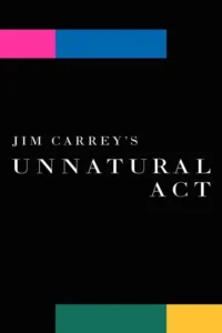 Pôster minimalista: fundo preto com blocos coloridos (rosa, azul, verde, amarelo) e texto branco 'JIM CARREY'S'.