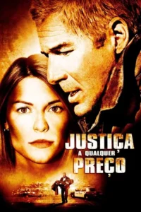 Pôster em tons quentes. Rostos tensos de um homem e uma mulher. Cena noturna com um homem carregando alguém e carros de polícia. Clima de drama policial.