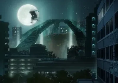 Cena noturna de cidade arruinada. Uma silhueta salta pela lua cheia. Luzes enigmáticas sob uma ponte imponente.