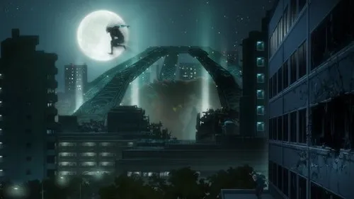 Cena noturna de cidade arruinada. Uma silhueta salta pela lua cheia. Luzes enigmáticas sob uma ponte imponente.