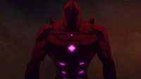 Kaiju No. 8 – T01E09:Base de Tachikawa sob ataque 4 Uma figura muscular encapuzada,em vermelho escuro com detalhes roxos luminosos,contra um fundo noturno e sombrio.