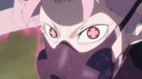 Kaiju No. 8 – T01E17:Quero ser mais forte 6 Close-up de personagem anime com cabelo rosa,máscara roxa. Olhos brilhantes com cruzes rosas irradiam energia intensa.