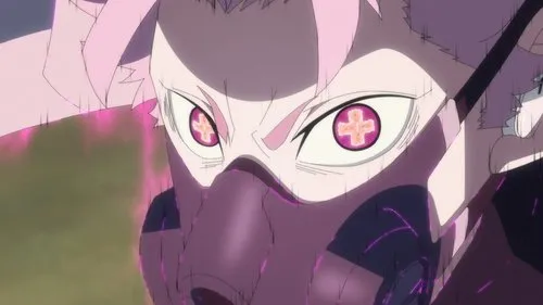 Kaiju No. 8 – T01E17:Quero ser mais forte 1 Close-up de personagem anime com cabelo rosa,máscara roxa. Olhos brilhantes com cruzes rosas irradiam energia intensa.