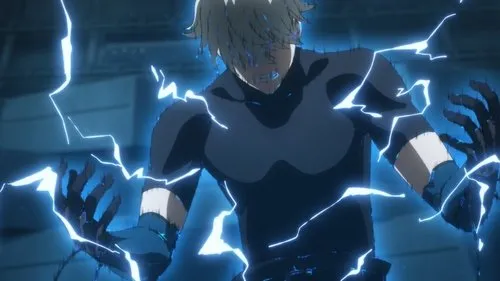 Kaiju No. 8 – T01E19:Muralha 1 Jovem de anime com cabelo claro liberando poderosos raios azuis das mãos e corpo,expressão tensa em fundo escuro.