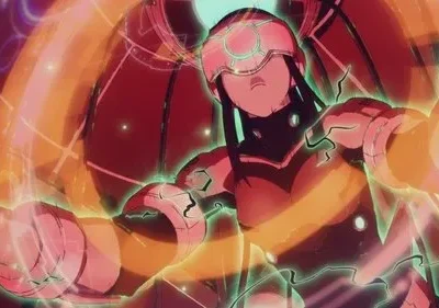 Personagem de anime em traje vermelho futurista com capacete, emitindo brilho laranja e verde contra fundo tecnológico. Clima intenso.