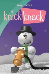 Pôster animado:um boneco de neve sorridente de cartola e cachecol verde opera um limpador de neve laranja em cenário nevado roxo.