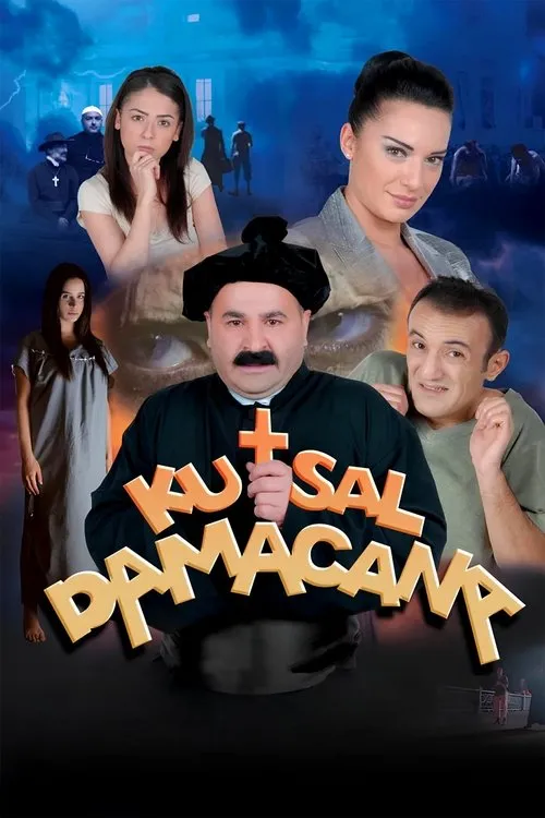 Kutsal Damacana 1 Pôster com padre,homem e mulheres em destaque. Fundo azul-escuro tempestuoso com relâmpagos,zumbis,mansão e olho gigante. Horror cômico.