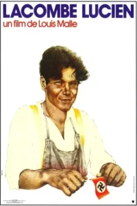 Pôster:Um jovem de cabelo escuro e camisa branca sorri,manuseando uma bandeira nazista. Fundo branco. Clima intrigante.