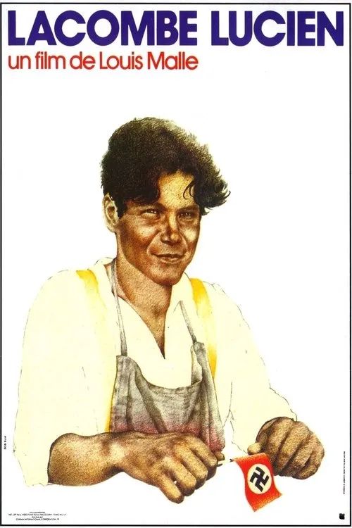 Pôster:Um jovem de cabelo escuro e camisa branca sorri,manuseando uma bandeira nazista. Fundo branco. Clima intrigante.