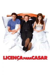 Casal desconfortável na cama ao lado de um padre sorridente de batina,que cruza os braços na nuca. Clima cômico.