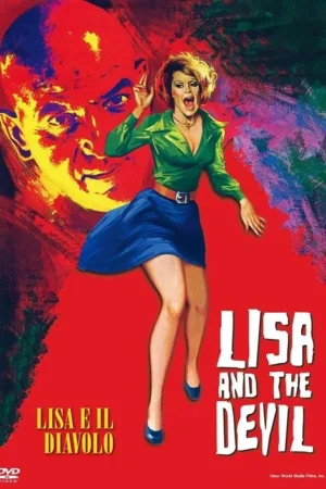 Mulher assustada de blusa verde e saia azul grita e corre. Atrás dela, um homem careca com olhar diabólico, sobre fundo vermelho caótico.