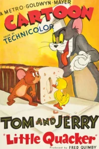 Gato chef babando,rato e patinho surpresos ao lado de um pão fatiado. Pôster de desenho animado clássico e divertido.