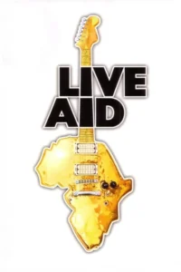 Guitarra elétrica dourada com o corpo em formato do mapa da África. Letras grandes e pretas com contorno branco no topo.