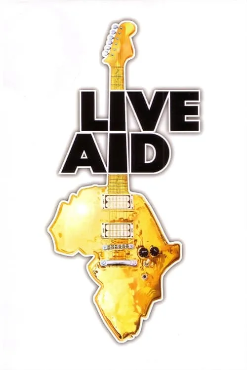 Live Aid 1 Guitarra elétrica dourada com o corpo em formato do mapa da África. Letras grandes e pretas com contorno branco no topo.