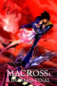 Pôster anime:casal em uniforme e vestido abraçados em meio a naves espaciais e uma figura feminina em céu vermelho intenso.
