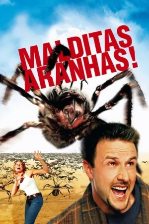 Pôster de terror/comédia. Uma aranha gigante se aproxima de um homem e uma mulher aterrorizados em um deserto infestado de aranhas.
