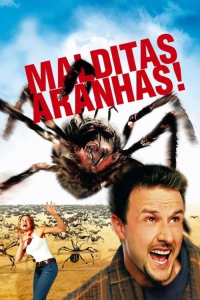 Pôster de terror/comédia. Uma aranha gigante se aproxima de um homem e uma mulher aterrorizados em um deserto infestado de aranhas.