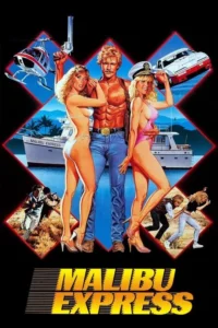 Homem musculoso sem camisa,duas mulheres em trajes de banho. Fundo com barco,helicóptero e cenas de ação. Clima de filme de aventura dos anos 80.