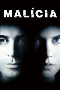 Rostos de um homem e uma mulher divididos ao meio,emergindo da escuridão com olhos azuis penetrantes. Clima de mistério e suspense.